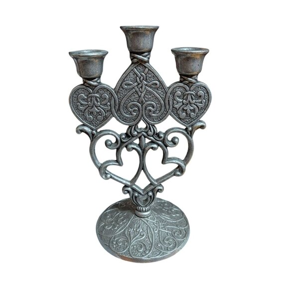 Forevermore Pewter 3-Arm Candle Holder w/ Romantic Heart Design & Celtic Knot - Picture 1 of 5
